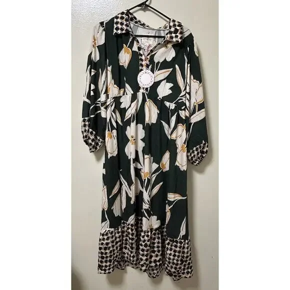 NWT Umgee Women's Newbury Green Floral Boho Balloon Sleeves Maxi Dress - Size S - Picture 2 of 6